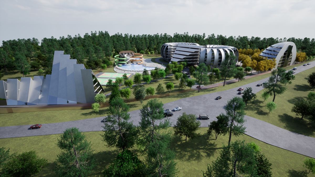 Street-level render of the scheme seen from the approach road