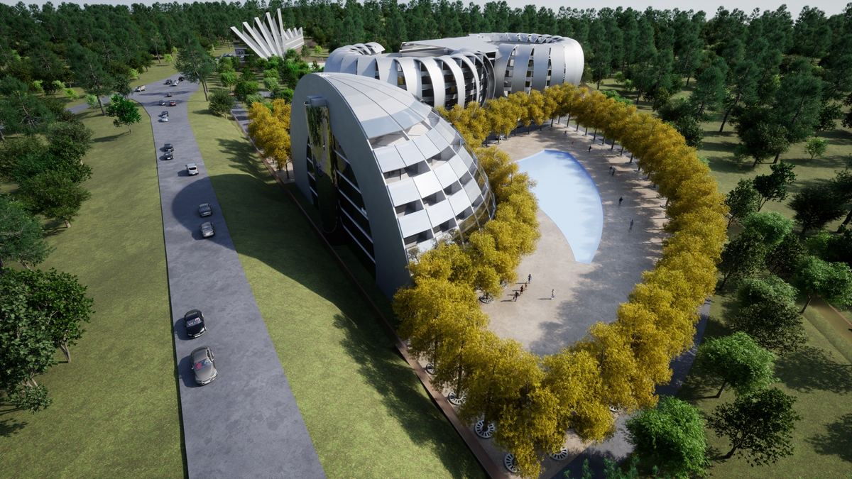 Render of one of the two ring hotels with its interior pool court
