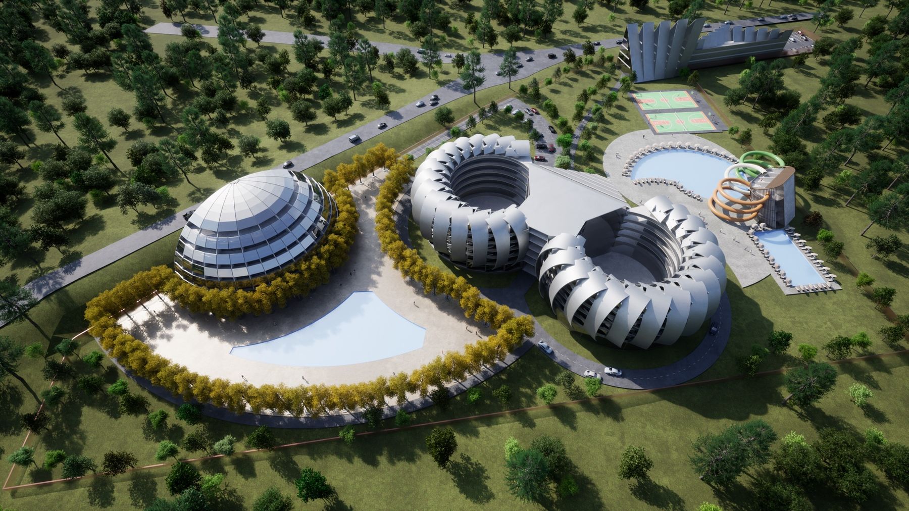 Masterplan render of the proposed two hotels, casino, aquapark, retail and parking